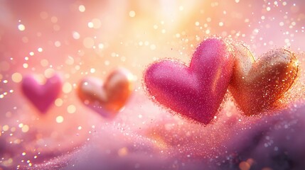 Obraz premium Two pink and gold hearts on sparkly surface.