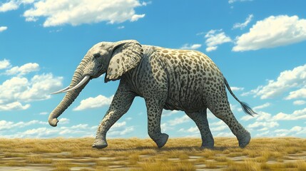 Fototapeta premium Majestic Elephant Walking Through Scenic Grassland Under Blue Sky