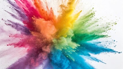 Explosion of rainbow color powder on white background.