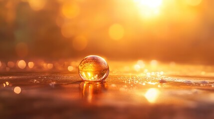 Glass sphere reflecting sunset on wet surface.