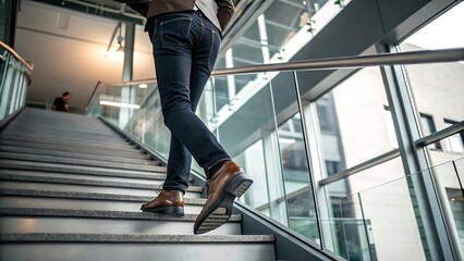 Plakat Man in jeans and brown shoes climbing stairs in modern office building.