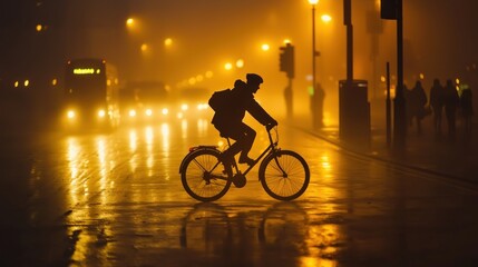 Cyclist riding at night in foggy city street.