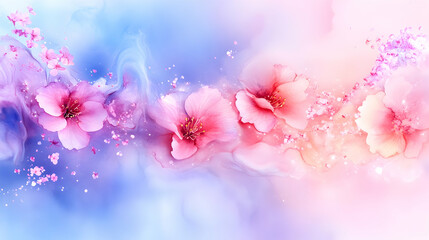 Blossom line Pink flowers on pastel blue and pink swirl background with glitter