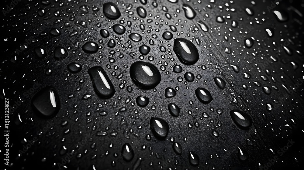 Aufkleber Macro shot of numerous clear glistening water droplets covering a dark smooth surface  The droplets reflect the surrounding environment creating an abstract minimalist pattern