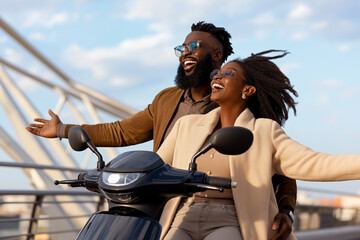 Joyride of a couple: A smiling, joyful couple enjoying the breeze on a scooter, expressing freedom, love, and the excitement of a shared adventure. Captured under the sunny sky.