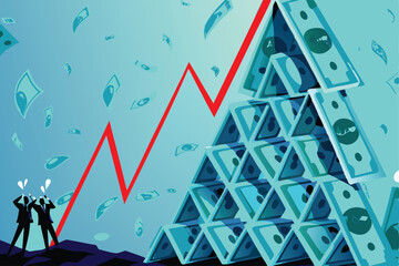 Illustrate the collapse of a Ponzi scheme using a crumbling pyramid of cash, depicting financial ruin and the devastating consequences for investors.