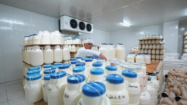 A dairy industry worker handling cheese storage containers in a refrigerated facility,ensuring food safety and quality preservation.This controlled environment helps maintain hygiene aging of cheese.
