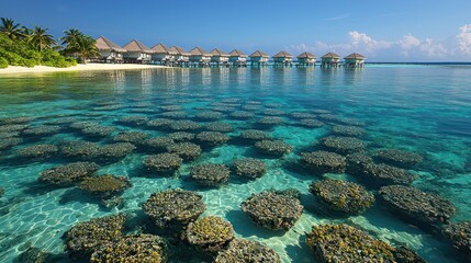 Obraz premium Tropical overwater bungalows on a coral reef beach