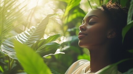 A Serene Young Woman Deeply Breathes In The Lush Greenery Of A Vibrant Rainforest, Bathed In Soft Sunlight Filtering Through The Leaves