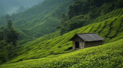 Wide angle photography of serene tea plantations and tranquil mountains