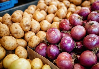 Obraz premium Fresh Potatoes and Red Onions Displayed in a Rustic Market Setting, Showcasing Vibrant Colors and Natural Textures, Ideal for Culinary Themes and Food Photography