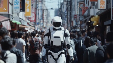 Obraz premium Futuristic robot in a bustling city street