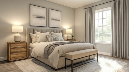 Soft oat curtains gently sway in the breeze, enhancing the tranquility of this Alpine-inspired bedroom decorated with calming tones and modern furnishings, creating a peaceful retreat