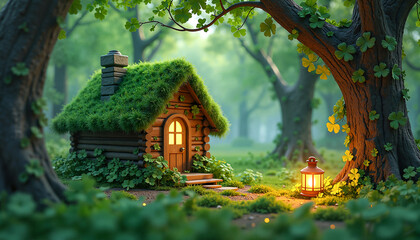Fototapeta premium Enchanting tiny house nestled under lush green trees with glowing lanterns and shamrocks, capturing the magic of nature and tranquility.