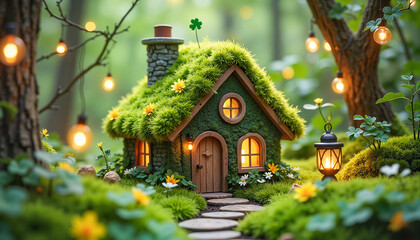 Fototapeta premium Tiny enchanted house covered in moss surrounded by shamrocks and daffodils, glowing fairy lights in a lush green forest, symbolizing magic and whimsy.