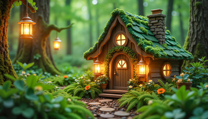 Fototapeta premium Tiny fairy house glowing warmly in a dense green forest surrounded by ferns and shamrocks, evoking the spirit of Saint Patrick’s Day.
