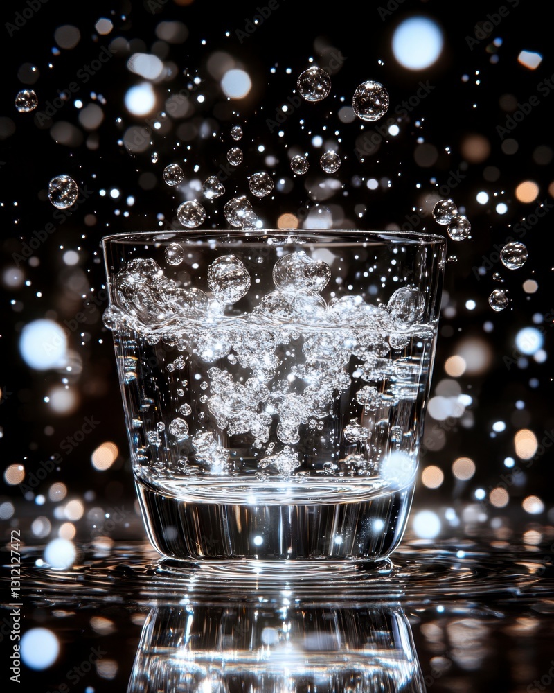 Poster close up of a glass of water with bubbles rising and splashing, set against a dark background with b