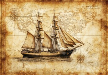 Vintage sailing ship on antique world map
