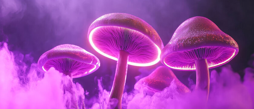Glowing purple mushrooms in a mystical purple fog