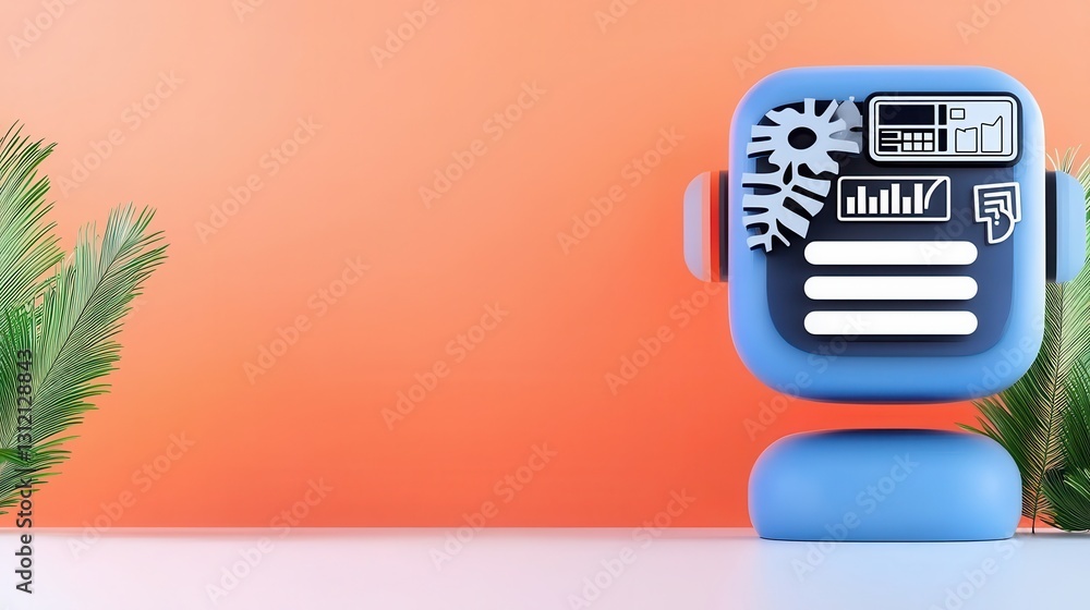 Poster colorful 3d robot with analytics icons on orange background