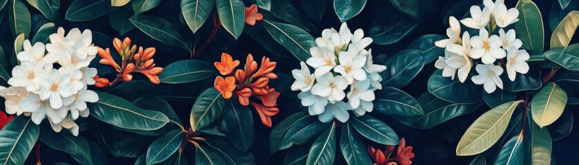 Fototapeta premium Close up view of white and orange flowers, lush green foliage. Dark background, natural lighting.
