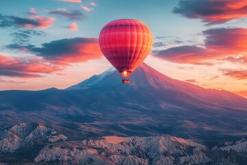 Obraz premium A majestic mountain range cradles a vibrant red hot air balloon under an orange-pink sunset sky, while the mountains boast a soft, misty layer