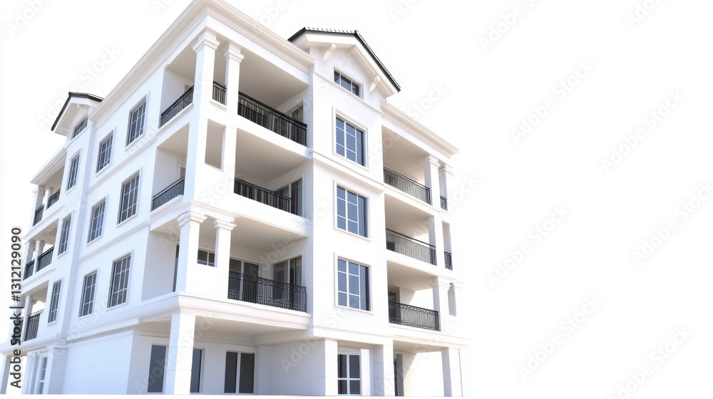 Poster white multi story building with classical architecture, balconies, and columns against a white backg