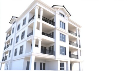 Fototapeta premium White multi story building with classical architecture, balconies, and columns against a white background. Digitally rendered.