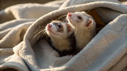 two adorable ferrets cuddled together in a cozy blanket, looking up with curiosity. They have cream and brown fur and are nestled inside