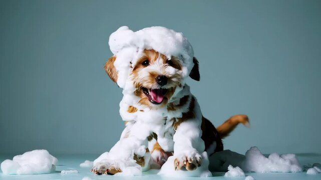 A joyful puppy covered in fluffy white foam enjoys bath time, playfully wagging its tail