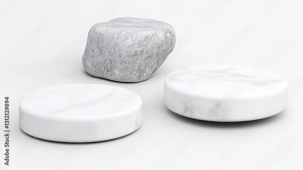 Poster three white marble objects on a white background. two are round discs, and one is an irregular cube 