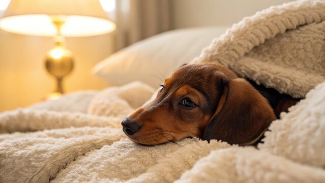 a cozy image of a dachshund puppy snuggled in a bed with a lamp in the background - Powered by Adobe