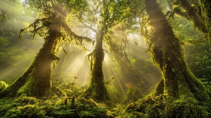 Fototapeta premium Sunbeams in a Moss-Covered Forest