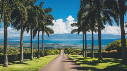 Obraz premium Palm-lined road to ocean view