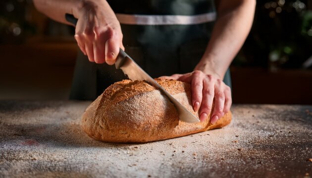 Baker Slicing Fresh Loaf with Sharp Knife at Bakery Preparing Bread for Sale on Flour Covere