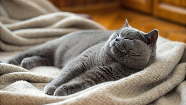 a close-up shot of a gray cat peacefully sleeping on a soft blanket in a cozy indoor setting. The cat is curled up in a relaxed position, its eyes closed and a contented expression on its face