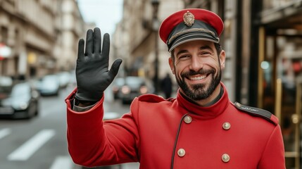 Friendly hotel doorman welcoming guests on busy city street
