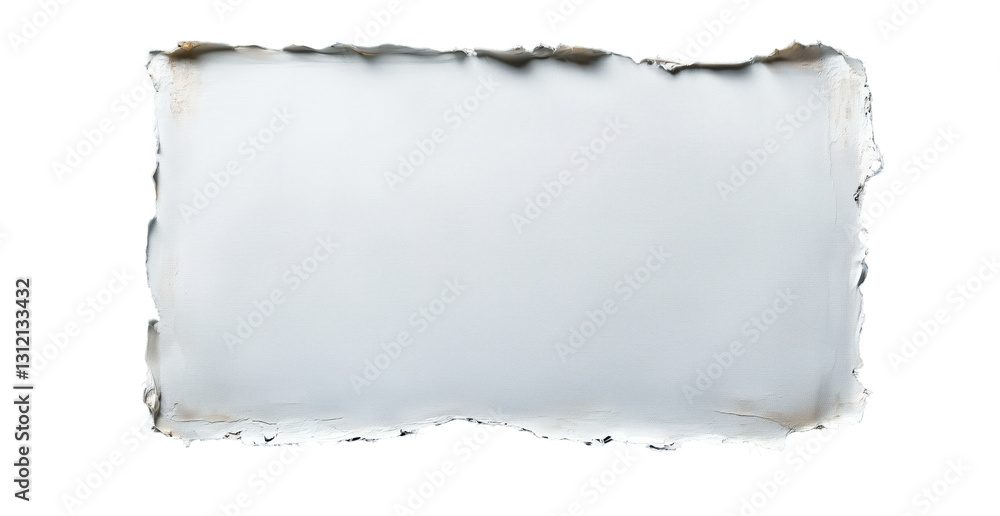 Poster burnt paper texture: close-up of a rectangular sheet of paper with charred edges, revealing the afte