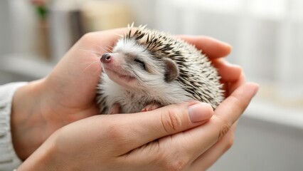 a cute hedgehog resting comfortably in gentle hands. Its spines are visible, and it appears relaxed and content