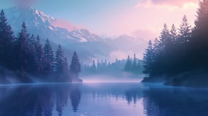 Fototapeta premium A serene lake surrounded by dense pine forests with mist hovering over the water at dawn, reflecting the soft pastel colors of the morning sky, 8k