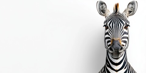 Close up of a zebra's head and shoulders against a white background. The zebra's black and white stripes are sharply defined, and its expression is calm and direct.