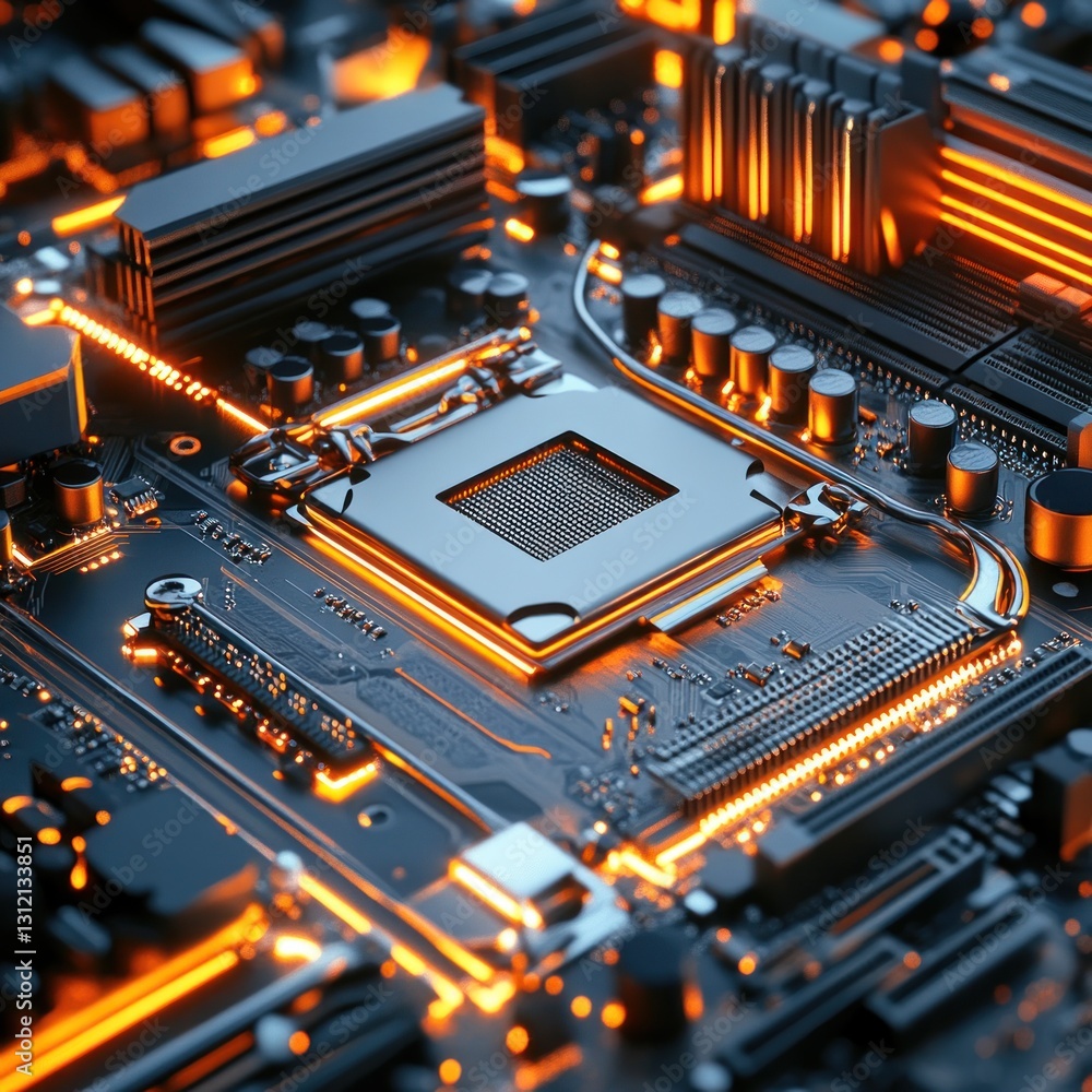 Poster illuminated computer motherboard: a close-up view of advanced technology