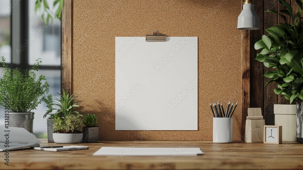 Poster a tranquil workspace showcases a blank sheet of paper attached to a corkboard, surrounded by potted 