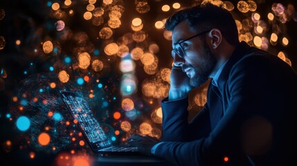 A side view of a businessman focused on his laptop, which displays dynamic virtual global graphics.