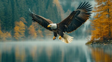 Obraz premium Majestic eagle soaring above tranquil lake