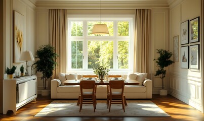 Fototapeta premium Elegant Dining Room with Natural Light and Sophisticated Decor in Neutral Tones
