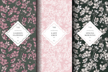 A collection of seamless vector patterns featuring intricate floral designs, perfect for enhancing tea packaging aesthetics. These patterns are ideal for various tea products, adding a touch of elegan