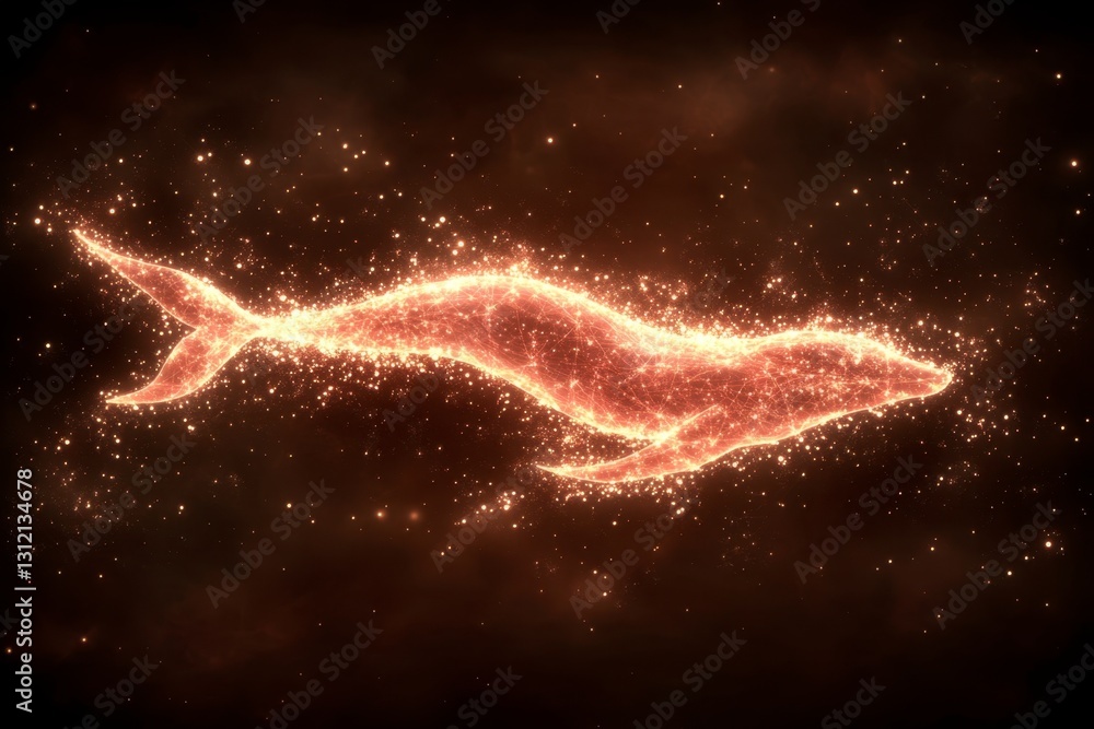 Poster glowing orange particles forming a whale shape against a dark background. sparkling lights and cosmi