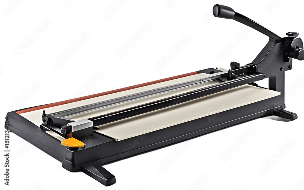 Poster a manual paper cutter with a sharp guillotine blade, isolated on a empty plain background