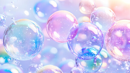 Bubbles float with blue, pink, purple iridescence, light reflecting off their surfaces, with bokeh background